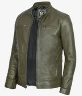 Dodge Military Green Cafe Racer Leather Jacket for Men JNM-0010