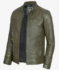 Dodge Military Green Cafe Racer Leather Jacket for Men JNM-0010