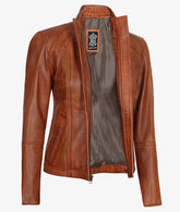 Acerra Women's Cognac Brown Cafe Racer Leather Jacket JNW-0045