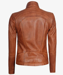 Acerra Women's Cognac Brown Cafe Racer Leather Jacket JNW-0045