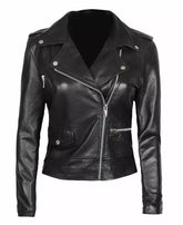 Amber Women's Black Leather Asymmetrical Moto Jacket JN-0038