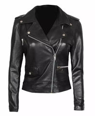 Amber Women's Black Leather Asymmetrical Moto Jacket JN-0038
