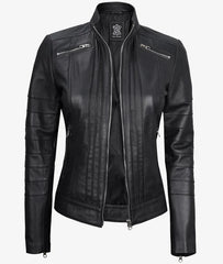 Bergamo Womens Black Cafe Racer Leather Jacket JN-0060