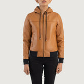 Brown Hooded Leather Bomber Jacket JNW-0005
