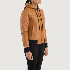 Brown Hooded Leather Bomber Jacket JNW-0005