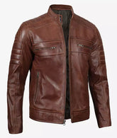 Men's Premium Cognac Cafe Racer Leather Jacket JNM-0032