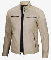 Men's Real Lambskin Leather Beige Cafe Racer Jacket JNM-0035