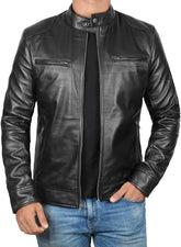 Men's Black Lambskin Leather Cafe Racer Jacket JNM-0015
