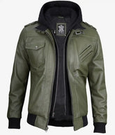 Men's Military Green Bomber Leather Jacket With Hood JNM-0028