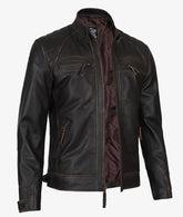 Men's Dark Brown Cafe Racer Leather Jacket - Quilted Shoulder JNM-0025