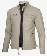 Men's Café Racer Beige Leather Jacket - Quilted Shoulder JNM-0018