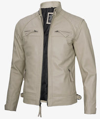 Men's Café Racer Beige Leather Jacket - Quilted Shoulder JNM-0018
