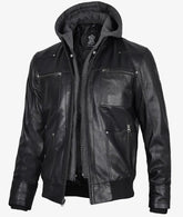 Men's Black Leather Bomber Jacket with Removable Hood JNM-0016