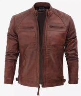 Men's Café Racer Cognac Leather Jacket - Quilted Shoulder JNM-0021