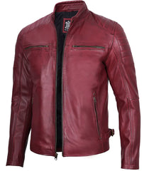 Men's Maroon Waxed Cafe Racer Leather Jacket LSM-0027