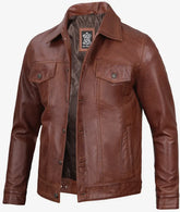 Men's Cognac Trucker Leather Jacket JNM-0023