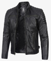 Men's Black Café Racer Leather Jacket with Padded Shoulders JNM-0014