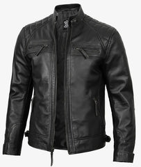 Men's Quilted Shoulder Black Cafe Racer Leather Jacket JNM-0033