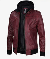 Men's Maroon Bomber Leather Jacket With Hood JNM-0026