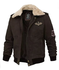 Leather Bomber Aviator Jacket with Shearling Collar JNM-0050