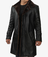Men's 3/4 Length Black Shearling Coat - Winter Coat JNM-0051