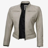 Dodge Beige Cafe Racer Leather Jacket for Women JNW-0009
