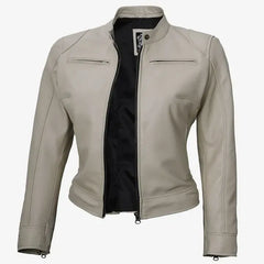 Dodge Beige Cafe Racer Leather Jacket for Women JNW-0009
