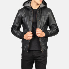 Black Hooded Real Leather Bomber Jacket JNM-0001