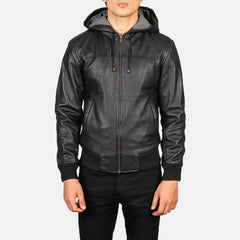 Black Hooded Real Leather Bomber Jacket JNM-0001