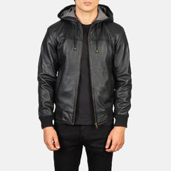 Black Hooded Real Leather Bomber Jacket JNM-0001