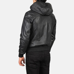 Black Hooded Real Leather Bomber Jacket JNM-0001