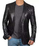 Men's Black Leather Blazer Jacket - Stylish Two Button Notch Lapel Blazer JNM-0068