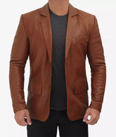 Men's Premium Two Button Cognac Leather Blazer JNM-0071
