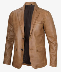 Men's Two Button Camel Brown Leather Blazer JNM-0072