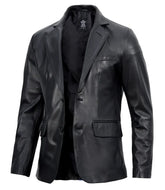 Two Button Notch Lapel Men's Black Leather Blazer JNM-0074