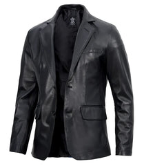 Two Button Notch Lapel Men's Black Leather Blazer JNM-0074
