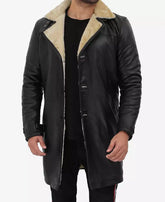Men's Black 3/4 Length Shearling Leather Coat JNM-0055