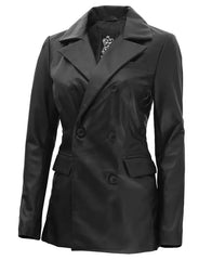 Notch Lapel Collar Double Breasted Black Leather Coat Women JNW-0085