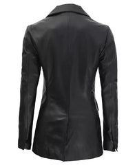 Notch Lapel Collar Double Breasted Black Leather Coat Women JNW-0085