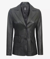 Women's Two Button Black Leather Blazer JNW-0086