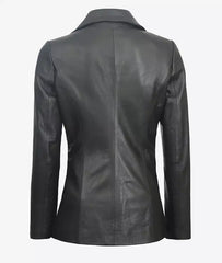 Women's Two Button Black Leather Blazer JNW-0086