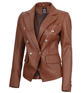 Premium Double Breasted Brown Leather Blazer Women JNW-0091