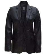 Women's Two Button Notch Lapel Black Leather Blazer Jacket JNW-0087