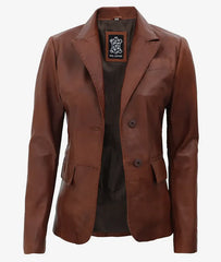 Women's Premium Two Button Brown Leather Blazer JNW-0088