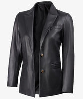 Women's Premium Two Button Black Leather Blazer - Peak Lapel JNW-0110