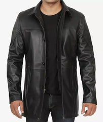 Bristol Men's Black Leather Car Coat - 3/4 Length Coat JNM-0075