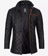 Men's Black Diamond Quilted Leather Car Coat With Brown Detailing JNM-0076