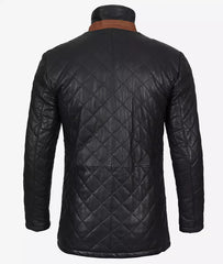 Men's Black Diamond Quilted Leather Car Coat With Brown Detailing JNM-0076