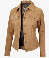 Women's Light Brown Suede Trucker Jacket JNW-0109