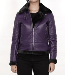 Women's Purple Shearling Leather B3 Bomber Jacket JNW-0065
